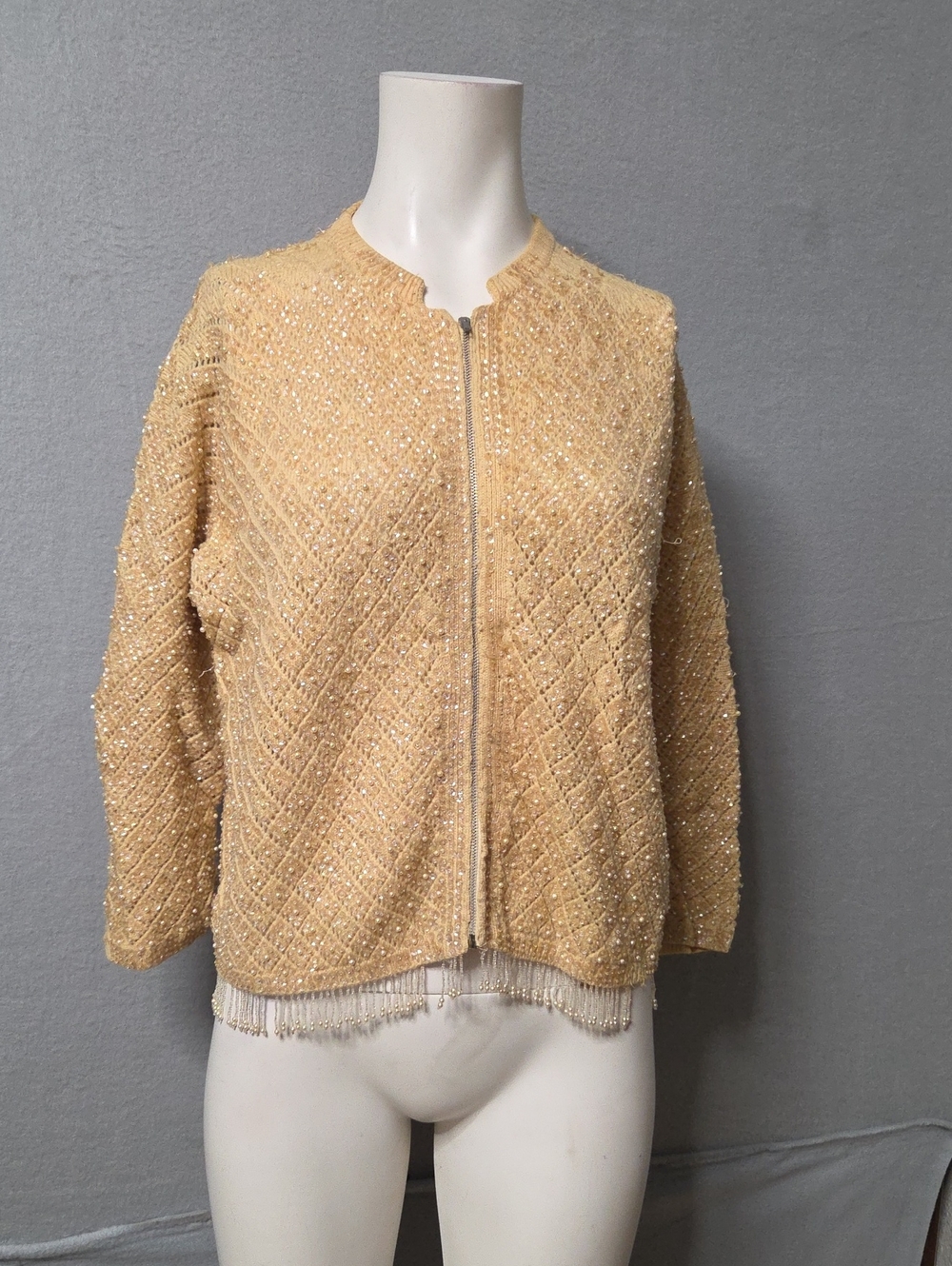 VTG 50s 60s Hand Beaded Sequin Cardigan Pearl Fringe Cream Sweater M *Read Desc*